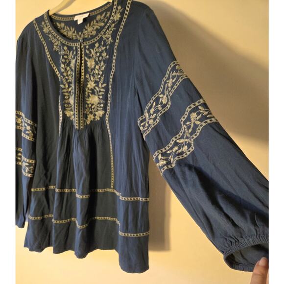 J. Jill Blouse Womens Sz M Teal Blue Boho Embroidered Peasant Long Sleeve Top - Picture 3 of 8